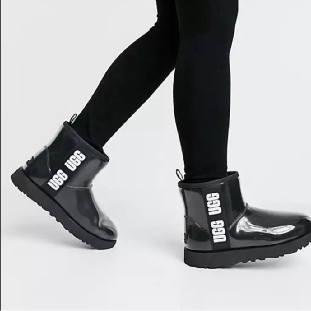 UGG Black Glossy Short Ankle Rain Boots with Logo